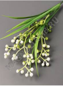 Ветка соцветий шариков с травкой, пласт 35см (бел жел)